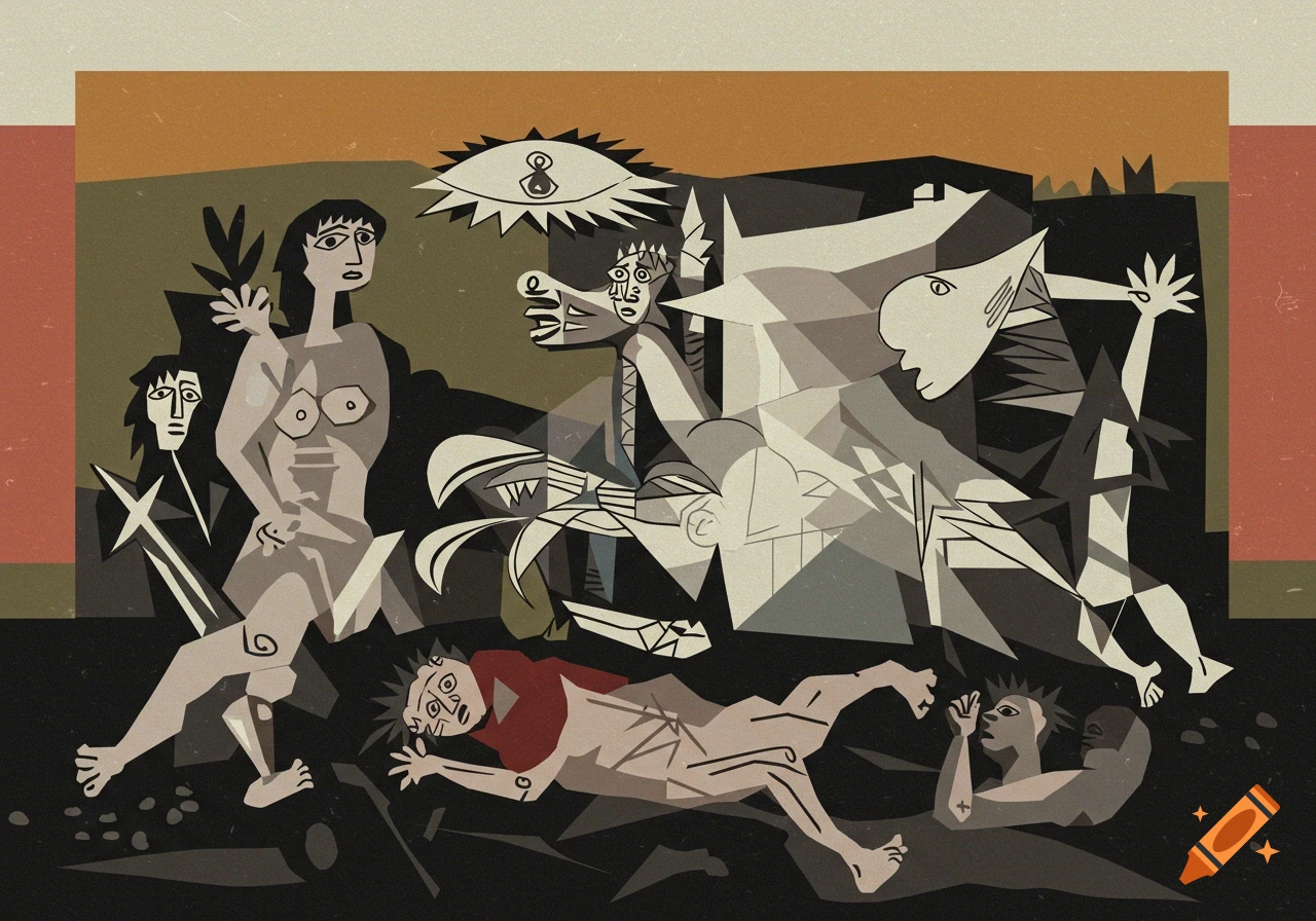 Cubist illustration in muted tones depicting a chaotic scene with fragmented human and animal figures, reminiscent of Picasso's Guernica.