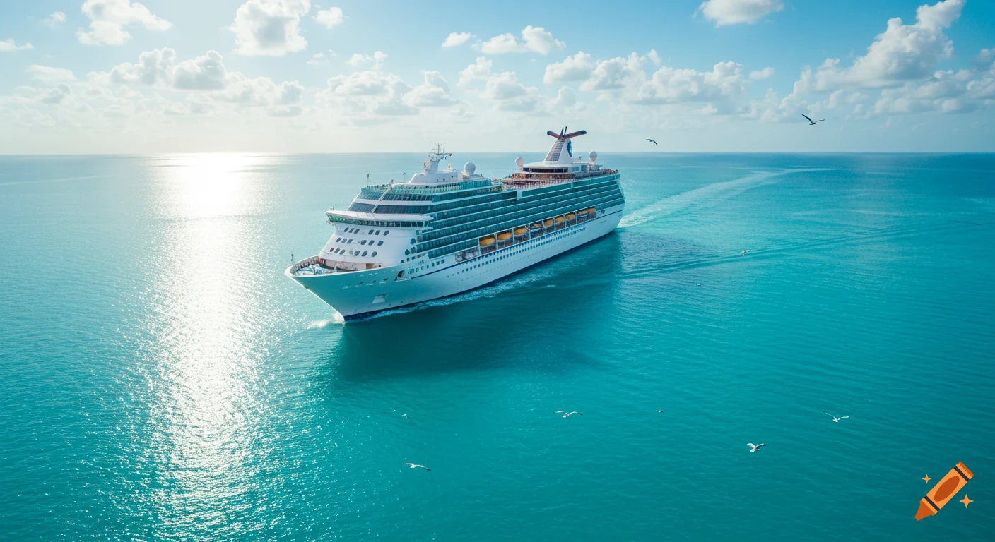 A large white cruise ship sails on bright turquoise ocean water under a sunny, blue sky with white clouds. Photorealistic.