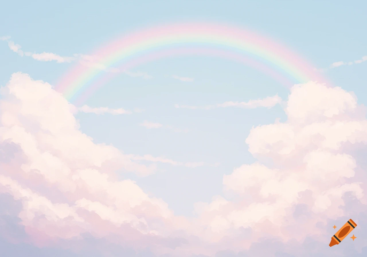 Muted rainbow over a pastel blue sky with soft pink and white clouds.