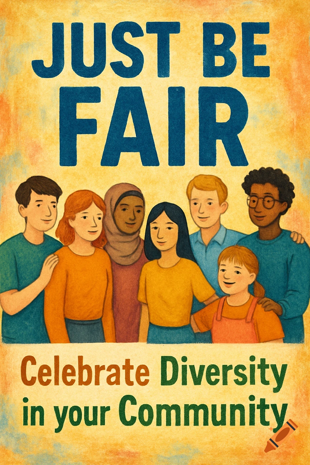 A diverse group of people depicted in an illustration poster with the text 'JUST BE FAIR Celebrate Diversity in your Community'.