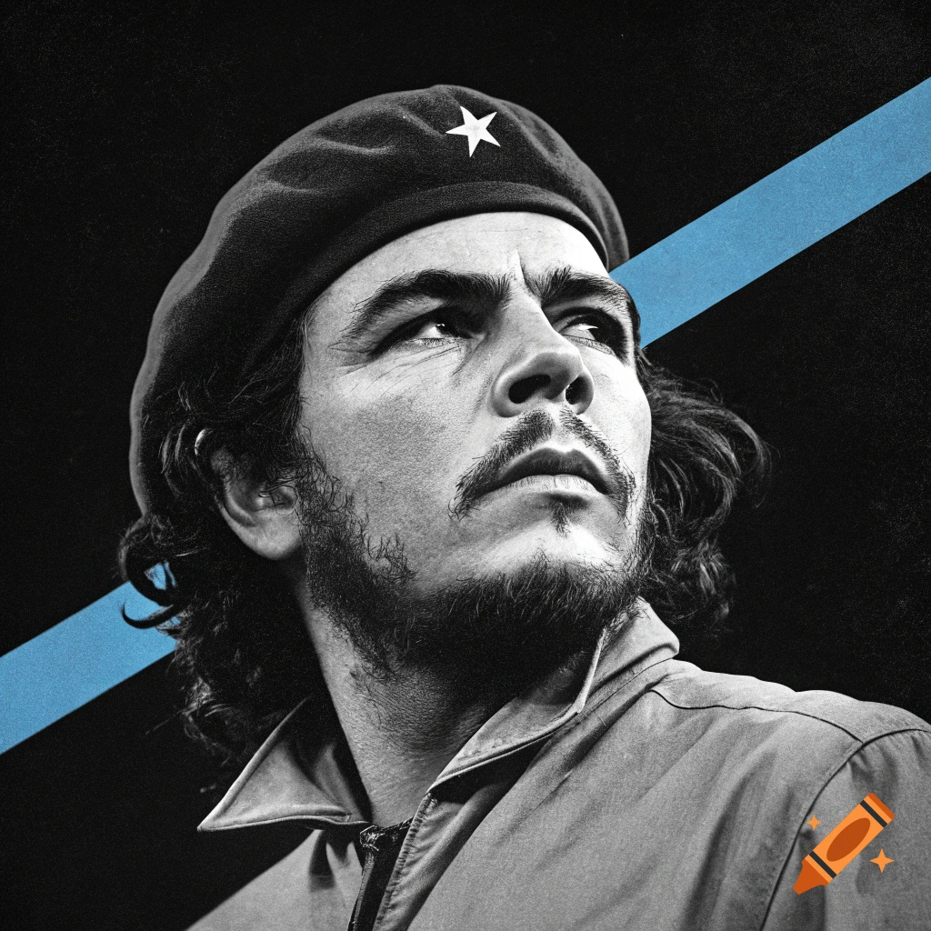 Black and white portrait of Che Guevara with a blue diagonal line across the background.