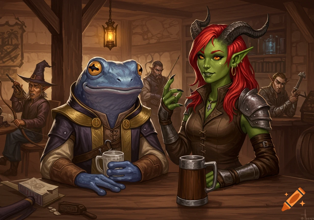 A blue grung and a green-skinned, red-haired female tiefling sit at a wooden table in a dimly lit tavern, holding mugs. Other fantasy characters are in the background.