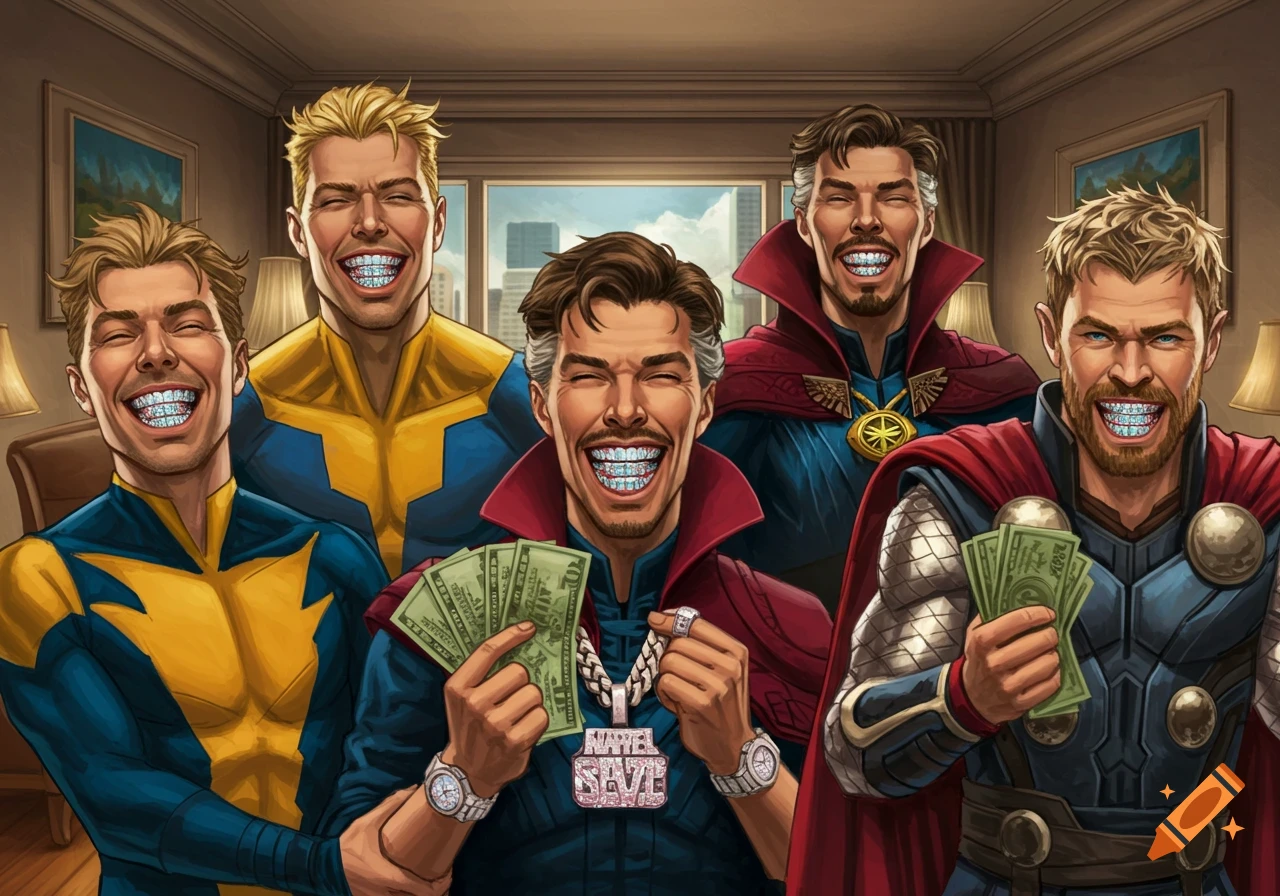 Marvel superheroes Dr. Strange, Thor, and others smiling with diamond grillz, watches, and fanned money in a comic art style.