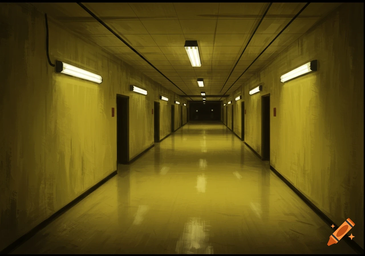 A long, empty, yellow-walled corridor with fluorescent lights on the ceiling and walls, receding into darkness.