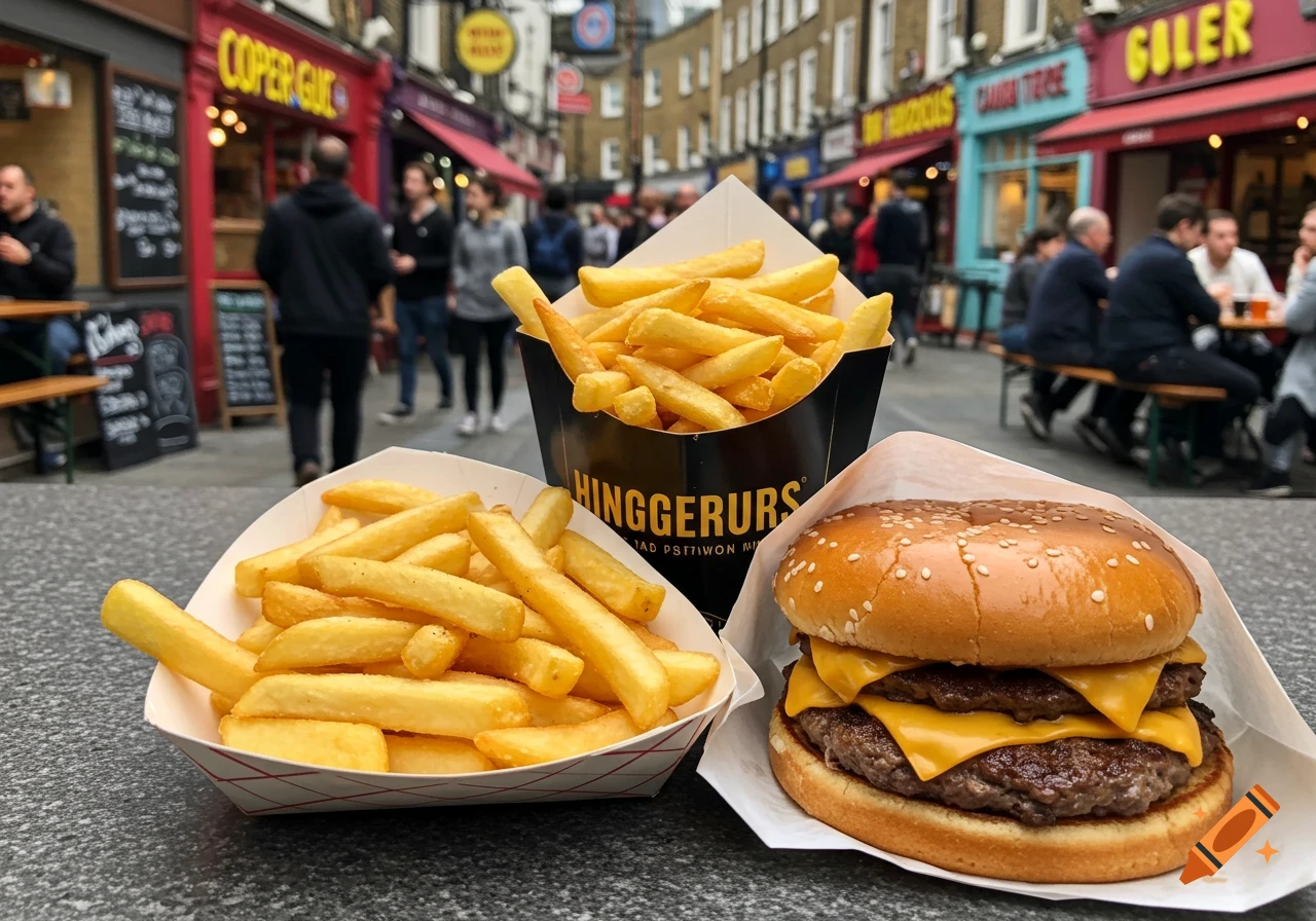 A double cheeseburger and two servings of golden french fries on a street in London, with blurred buildings and people in the background.