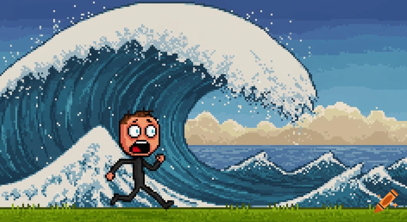A pixel art stickman runs terrified from a massive blue tsunami wave on a grassy ground under a pixelated sky.