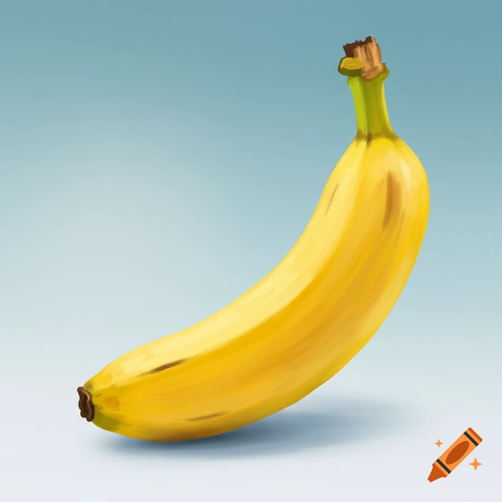 A single ripe yellow banana depicted in a digital painting style against a light blue background.
