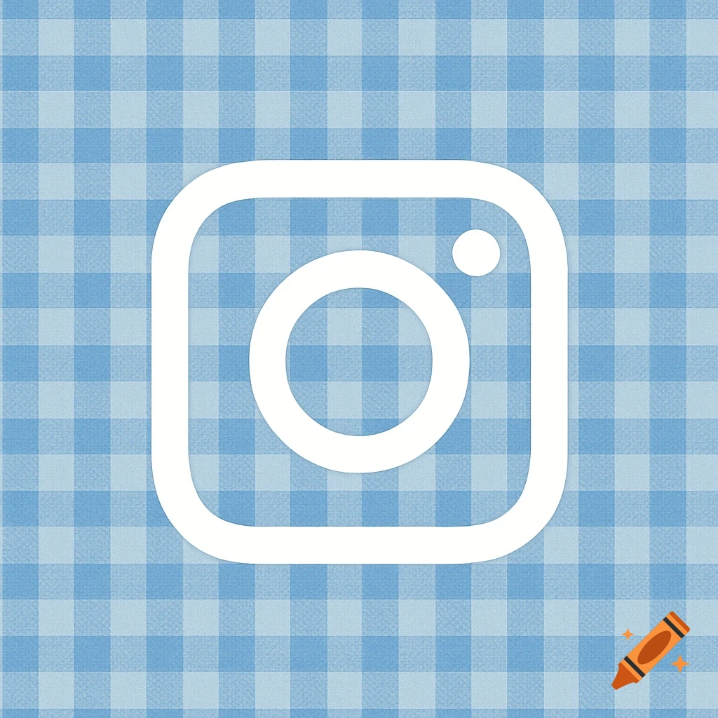 White Instagram app icon on a blue and white gingham pattern background.