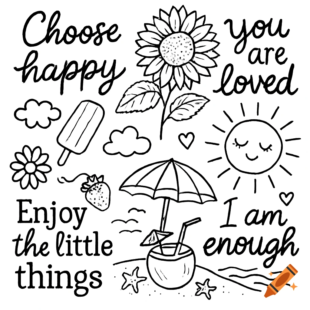 Black and white line art illustration of summer-themed elements like a sunflower, sun, popsicle, and coconut drink, with positive affirmations.