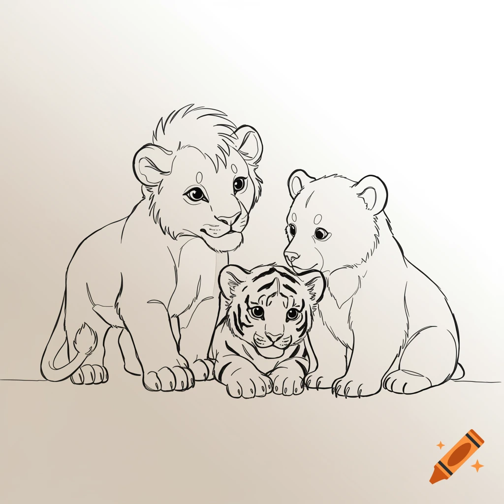 Monoline drawing of a lion cub, tiger cub, and bear cub together.