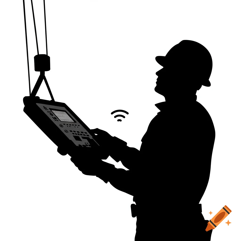 Black silhouette of a worker in a hard hat holding a wireless crane control box.