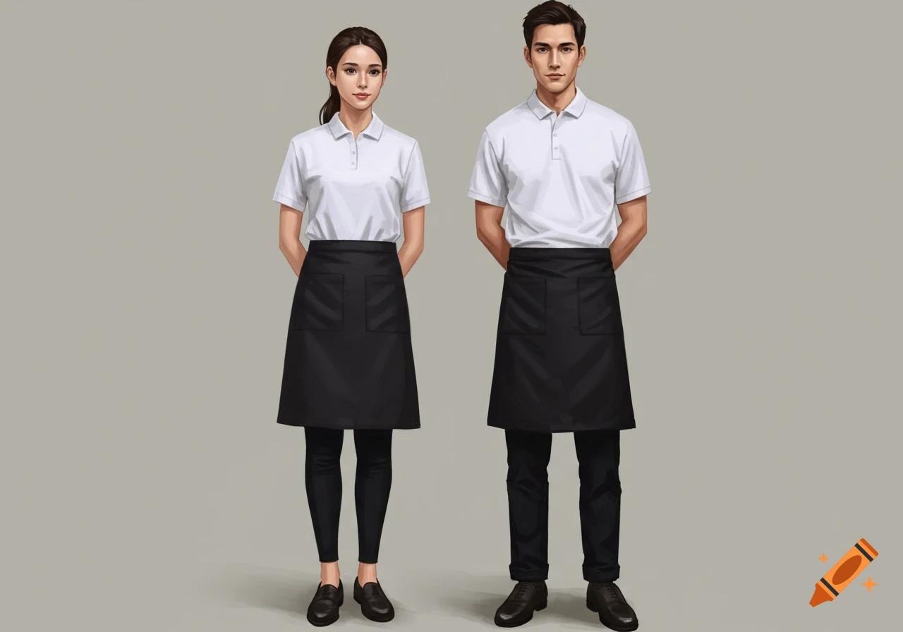 A man and woman in white polo shirts, black aprons, and black pants stand in uniform.
