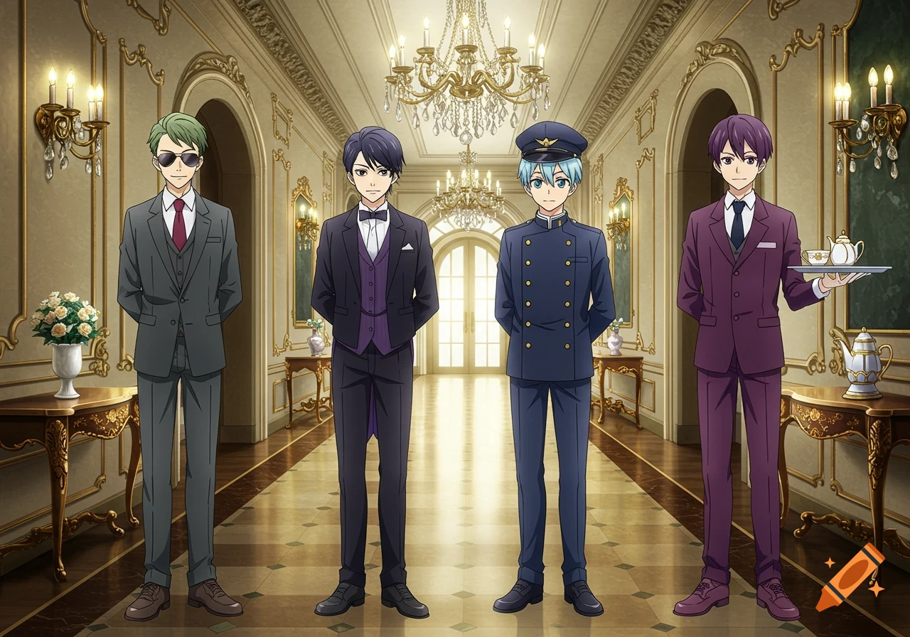 Four young adult anime men in formal wear stand in a lavish, ornate mansion hallway with a grand chandelier.