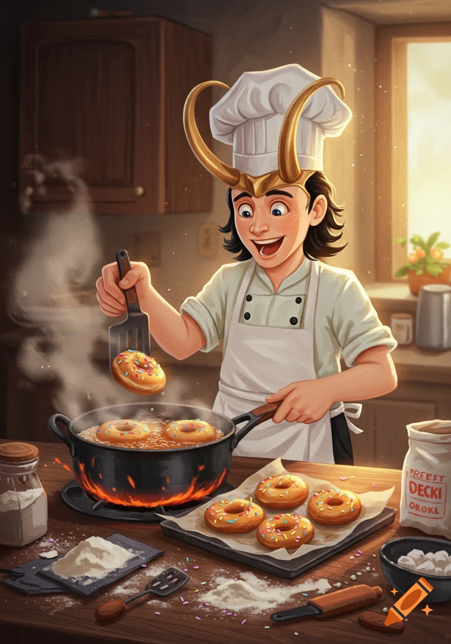 Cartoon Loki wearing a chef's hat and his horned helmet bakes doughnuts in a kitchen.