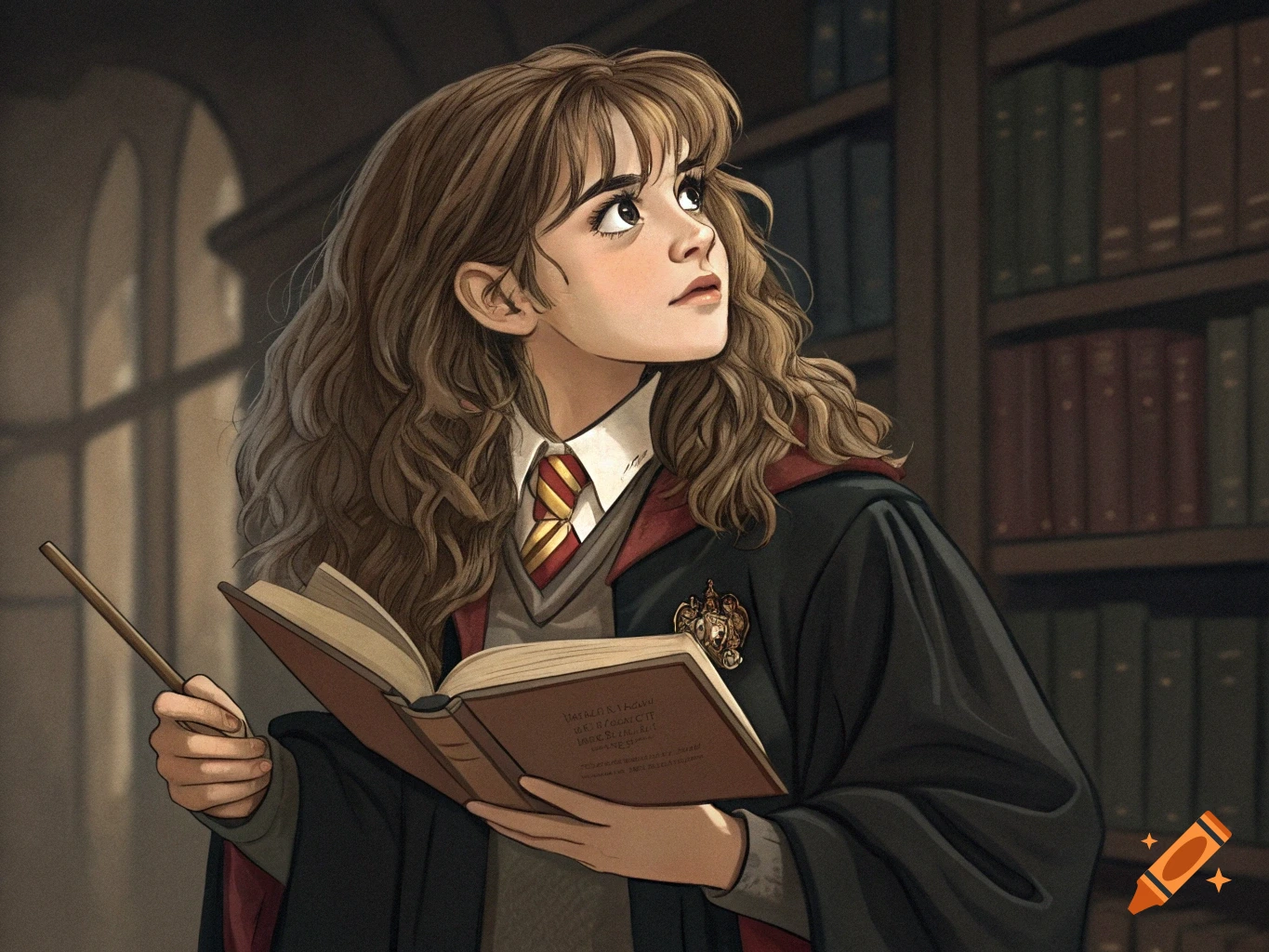 An anime-style illustration of Hermione Granger in a library, holding an open book and a wand, looking up.