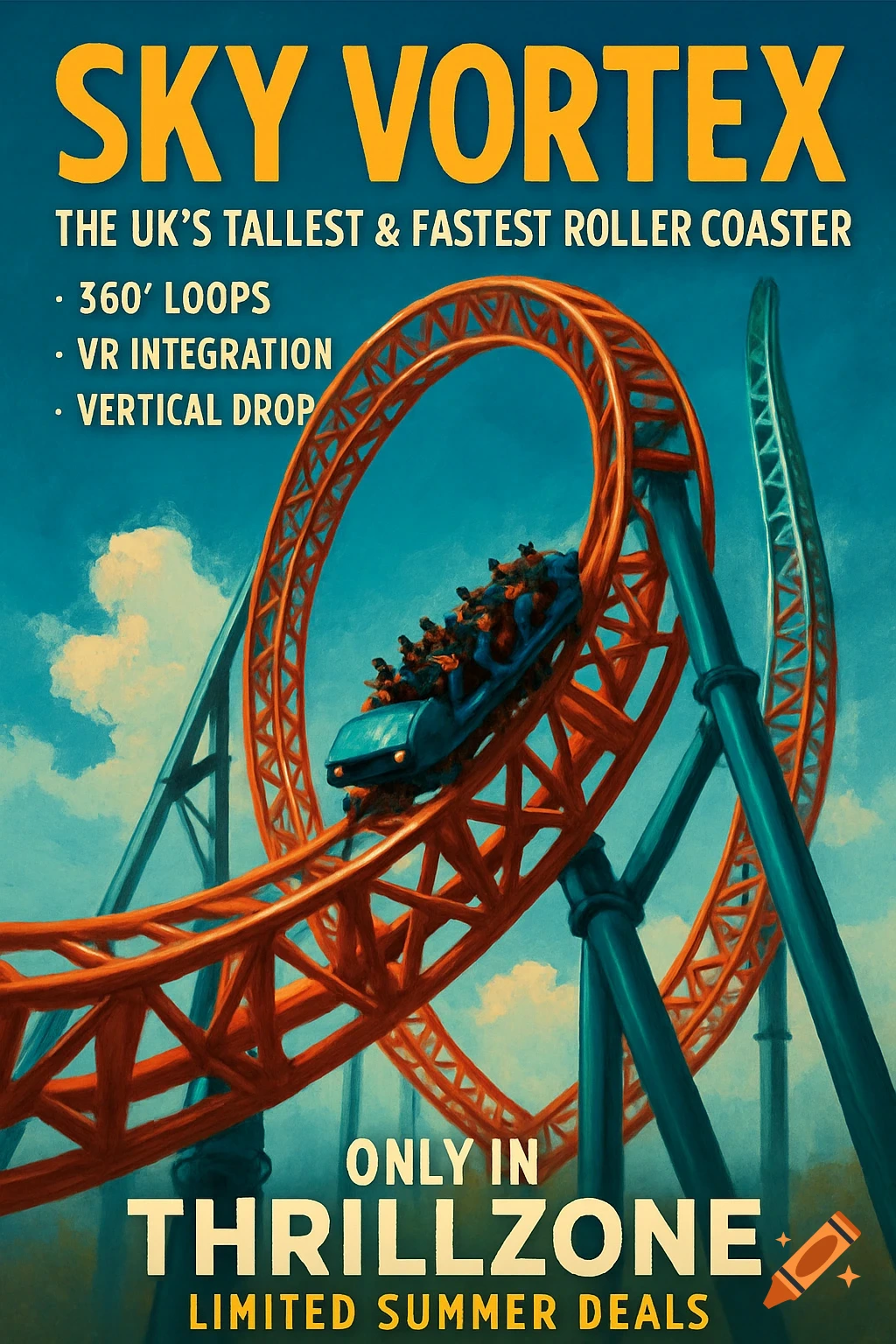 A vibrant vintage-style poster advertises the 'Sky Vortex' roller coaster, showing a blue ride car traversing an orange loop against a blue sky.