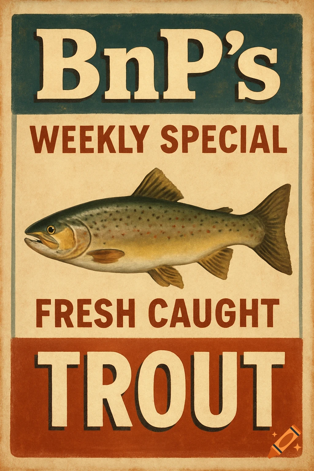 Vintage style poster for BnPs advertising fresh caught trout weekly special, with a detailed illustration of a fish.