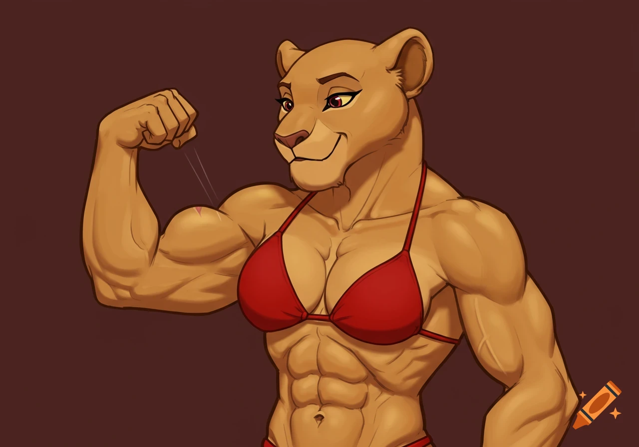 A muscular humanoid lioness in a red bikini flexes her bicep with a confident expression, in a 2D Disney animation style.