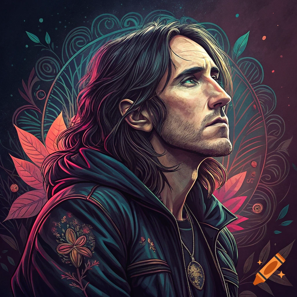 A stylized portrait of a man with long dark hair and a beard, wearing a dark hoodie and necklace, looking upwards against a vibrant, intricate, glowing floral and swirling background.