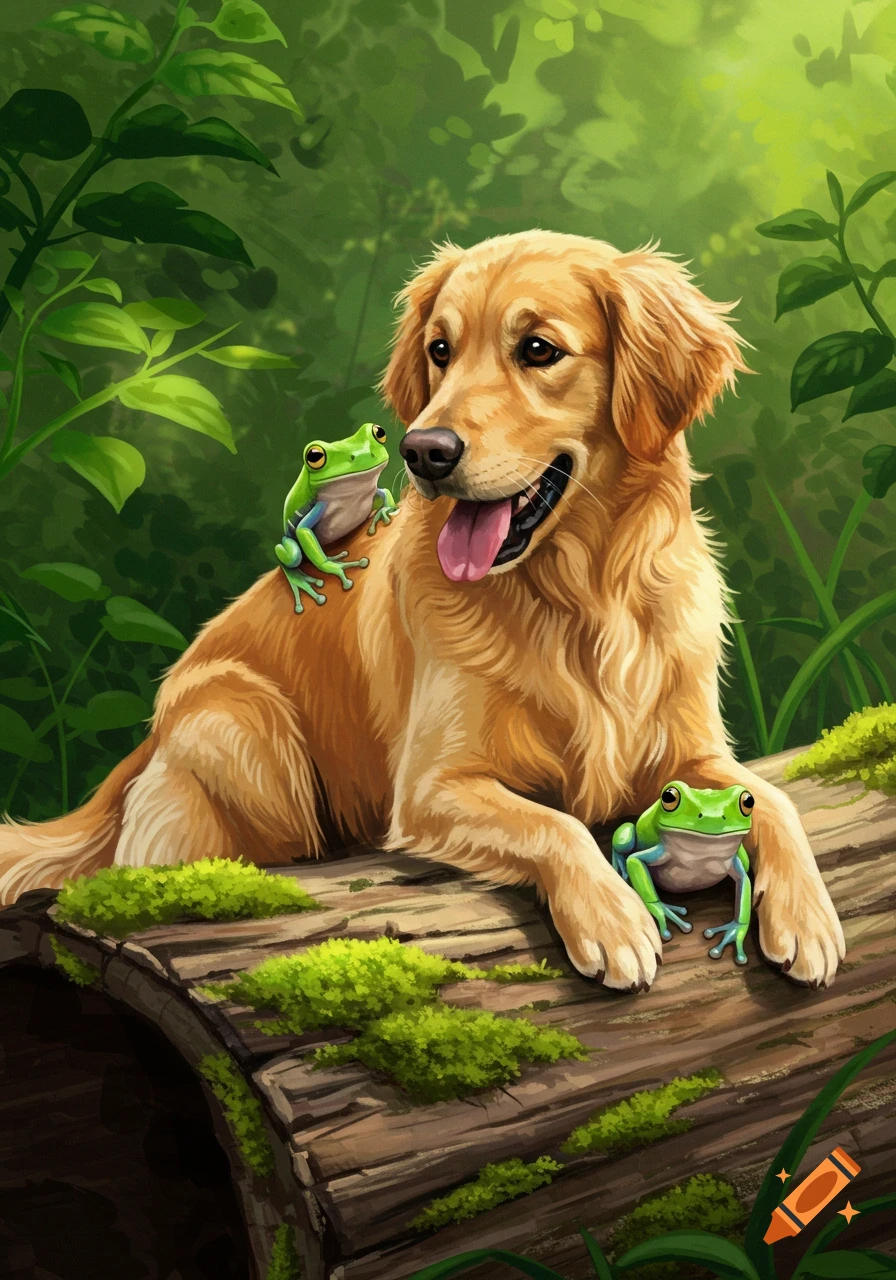 A golden retriever rests on a mossy log with two green frogs in a lush green forest, digital art.