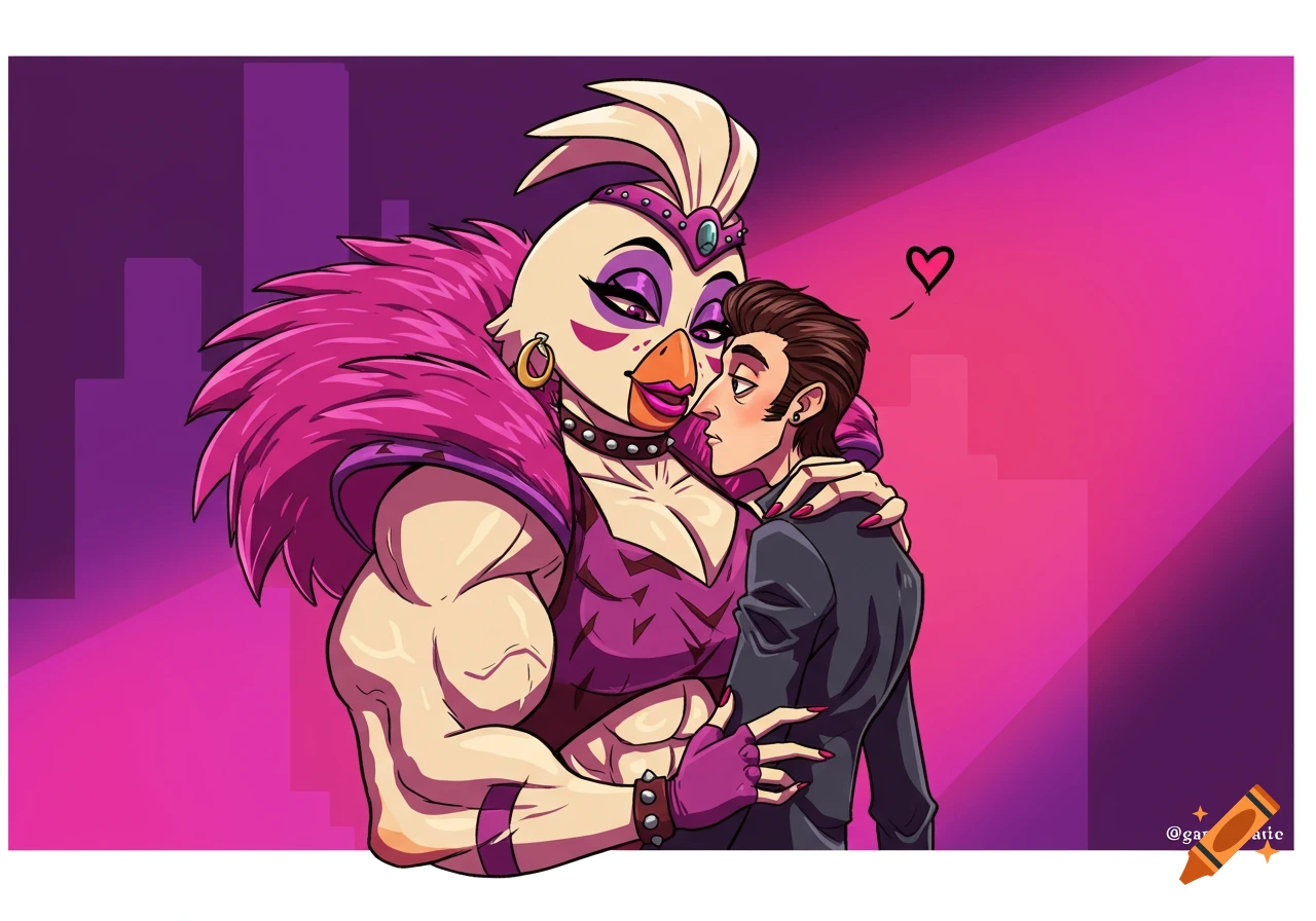 Glamrock Chica, a muscular anthropomorphic chicken, embraces a man against a purple city background.