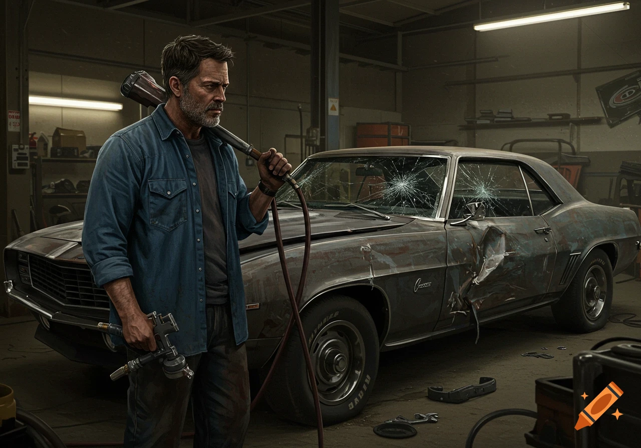 A man in a blue shirt holds a paint gun and air hose next to a wrecked vintage Camaro in a dim garage.