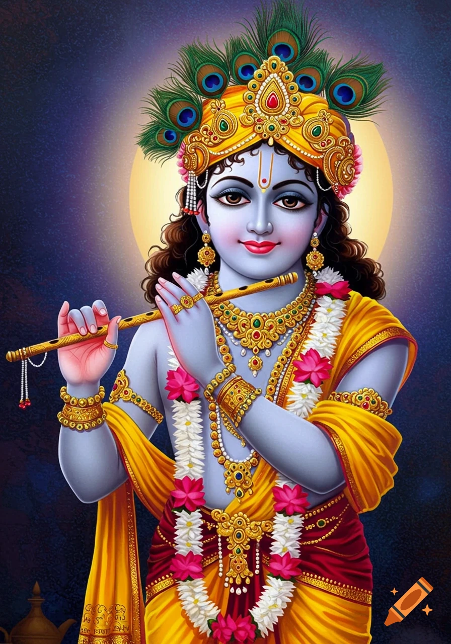 A vibrant illustration of Lord Krishna with blue skin, wearing gold jewelry, a yellow dhoti, and peacock feathers, playing a flute.