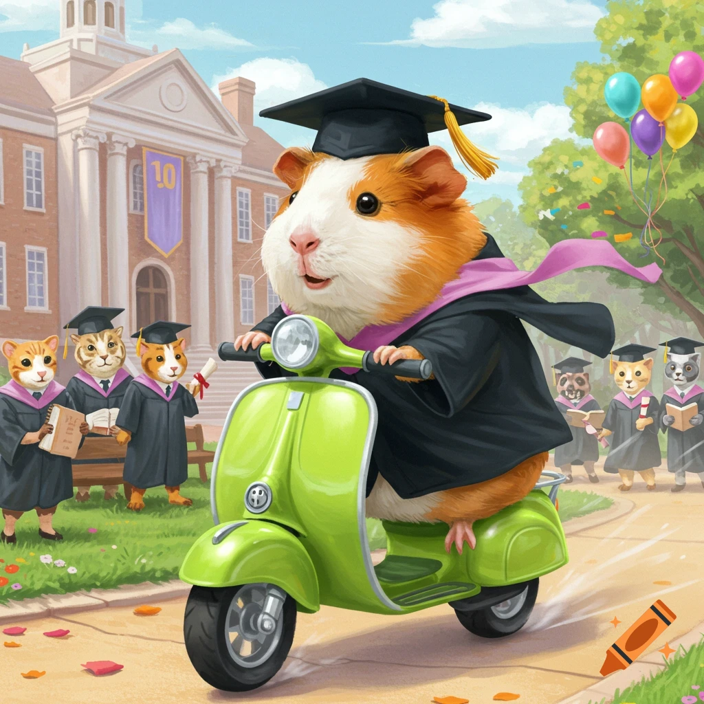 A guinea pig in a graduation cap and gown rides a lime green scooter away from a college building, with other animal graduates in the background.
