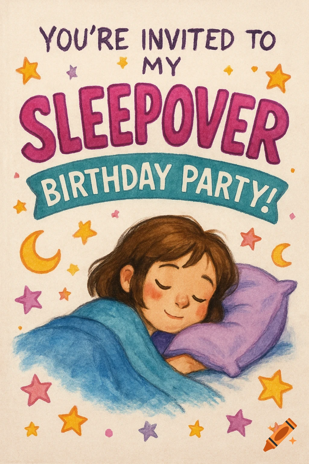 Illustrated invitation card for a sleepover birthday party, featuring a sleeping girl under a blue blanket and a purple pillow, surrounded by stars and moons.