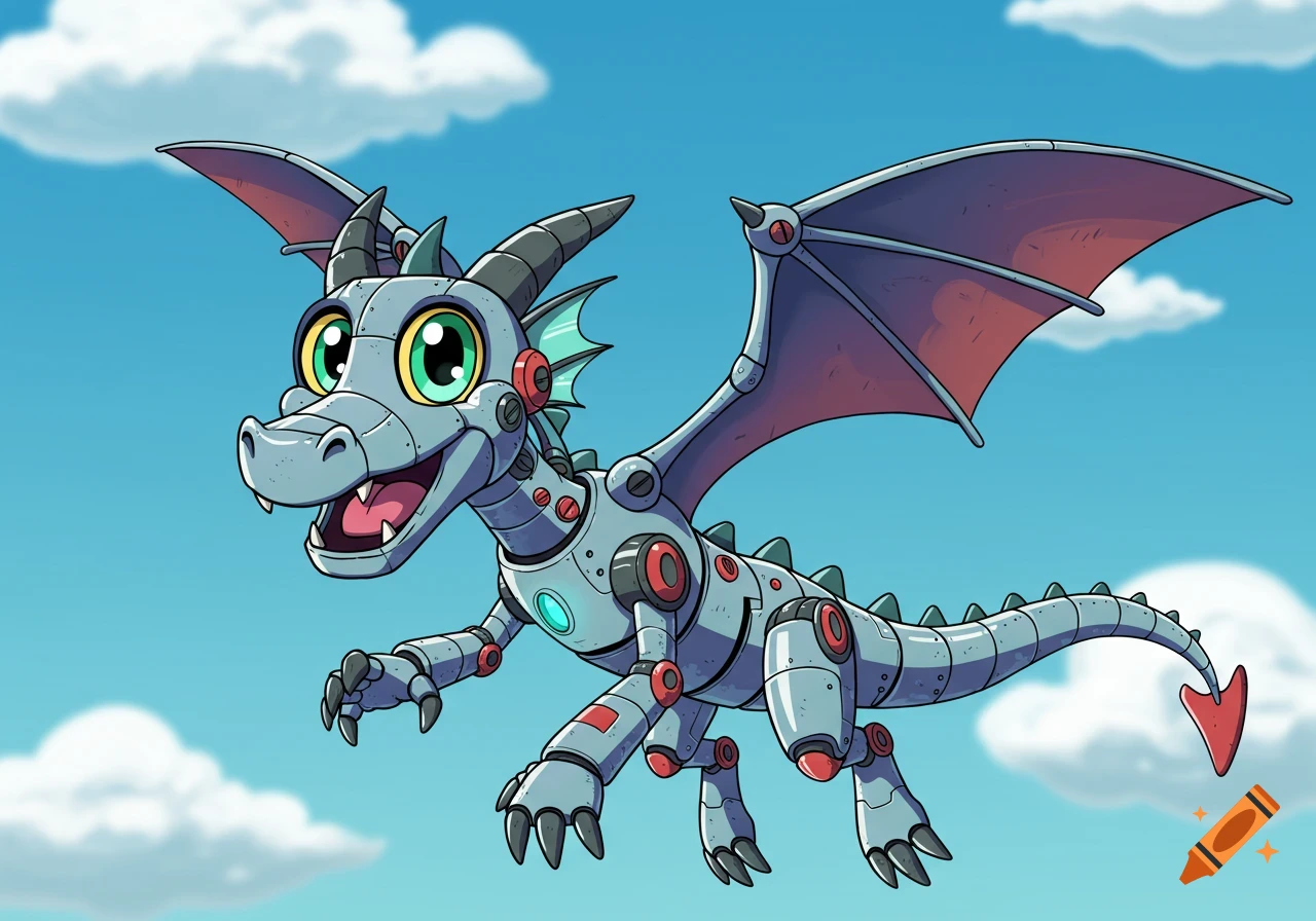 A cartoon robot dragon flies in a blue sky with white clouds.