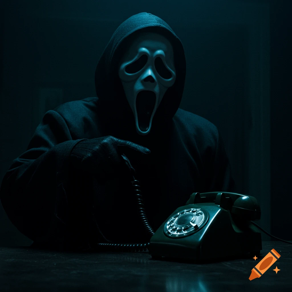 Ghostface in a dark room, wearing a black robe and white mask, points at an old rotary phone.