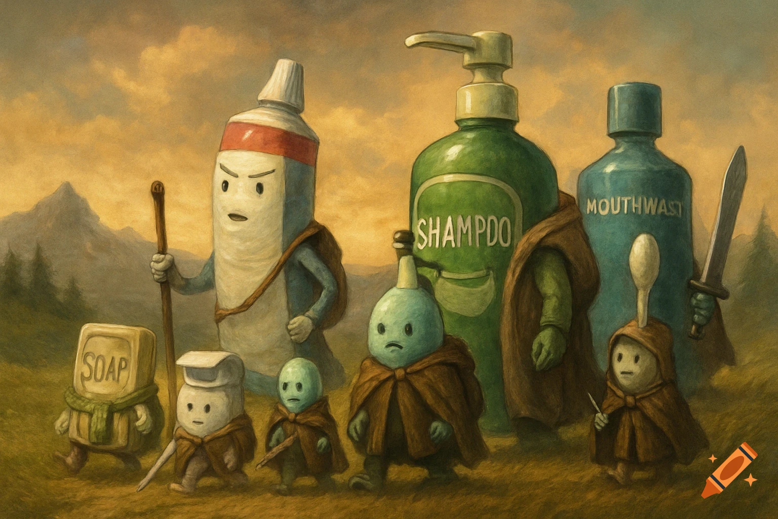 Anthropomorphic toothpaste, soap, shampoo, and mouthwash characters in cloaks walk across a field in a painterly fantasy style.