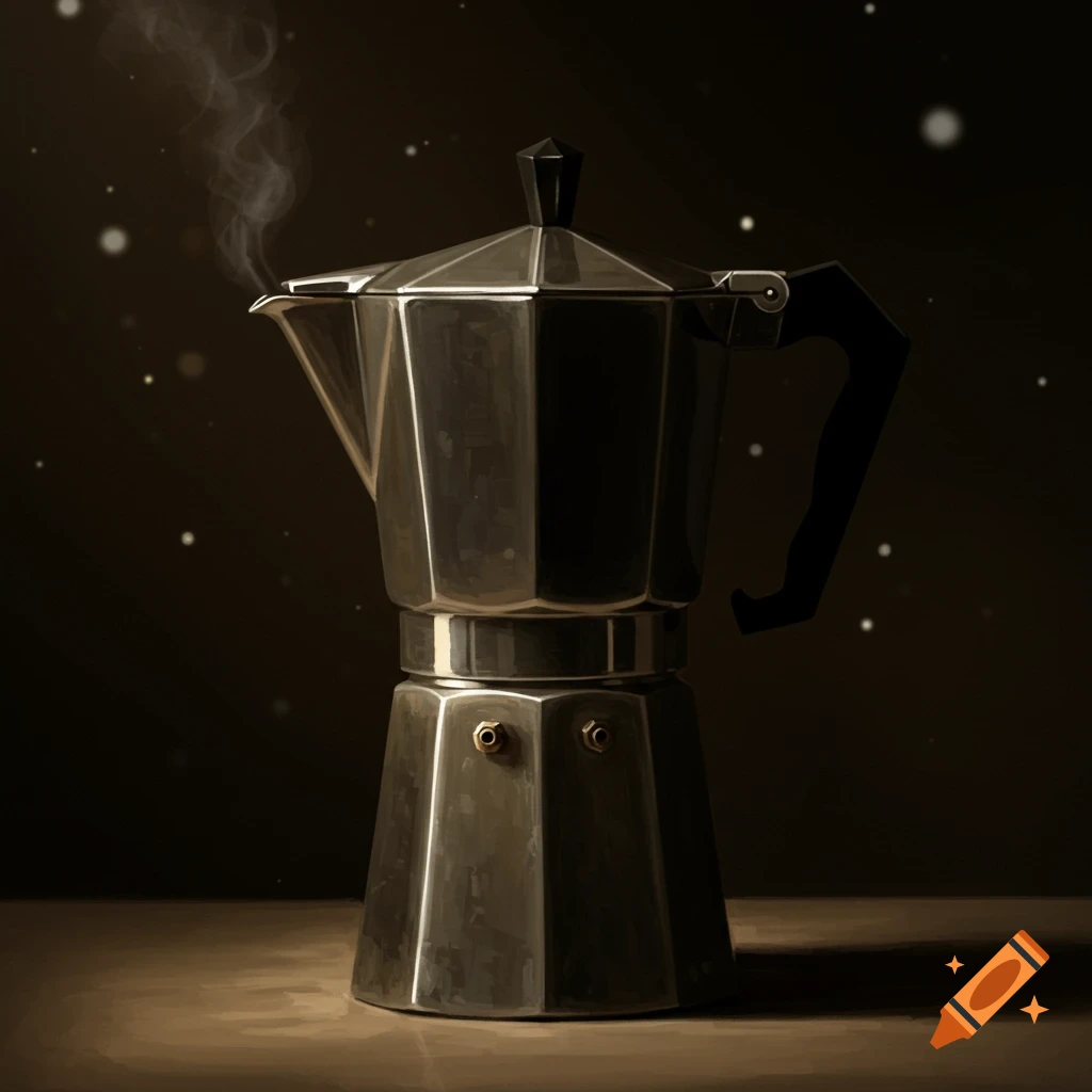 A steaming, dark metal coffee pot sits on a table in a dim room, with light particles floating in the air.
