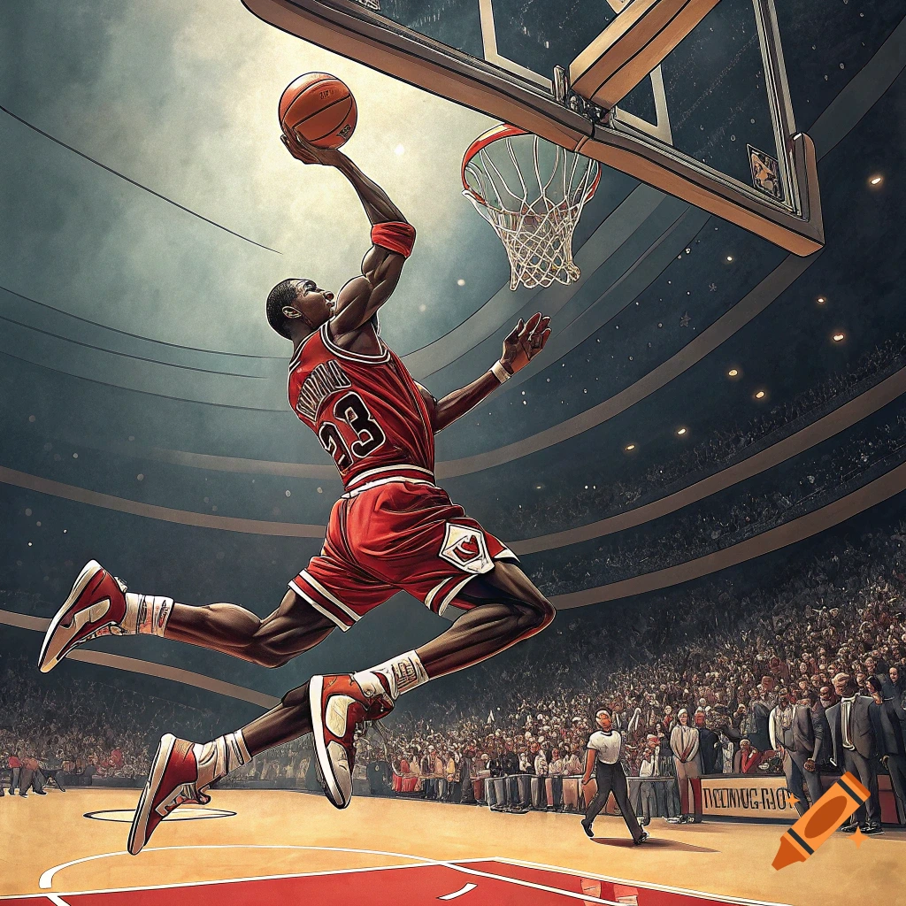 Michael Jordan in a red Chicago Bulls uniform mid-air performing a slam dunk in a packed arena, in a stylized illustration.