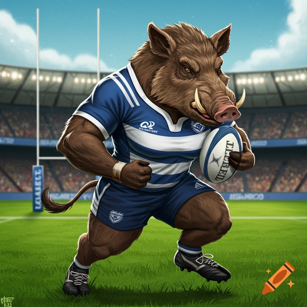 A muscular, anthropomorphic boar in a blue and white rugby jersey runs with a white rugby ball on a stadium field.