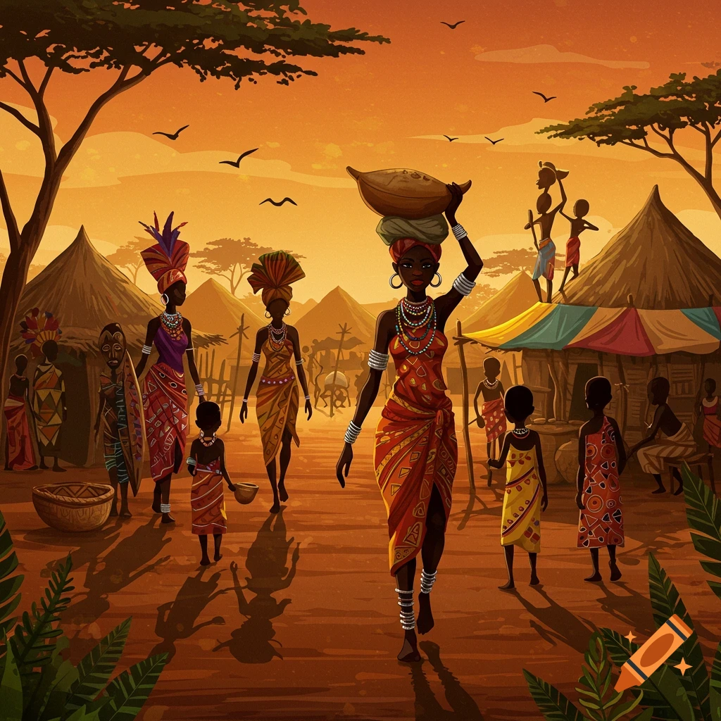 An illustration of African women and children walking through a village at sunset, with traditional huts and trees.