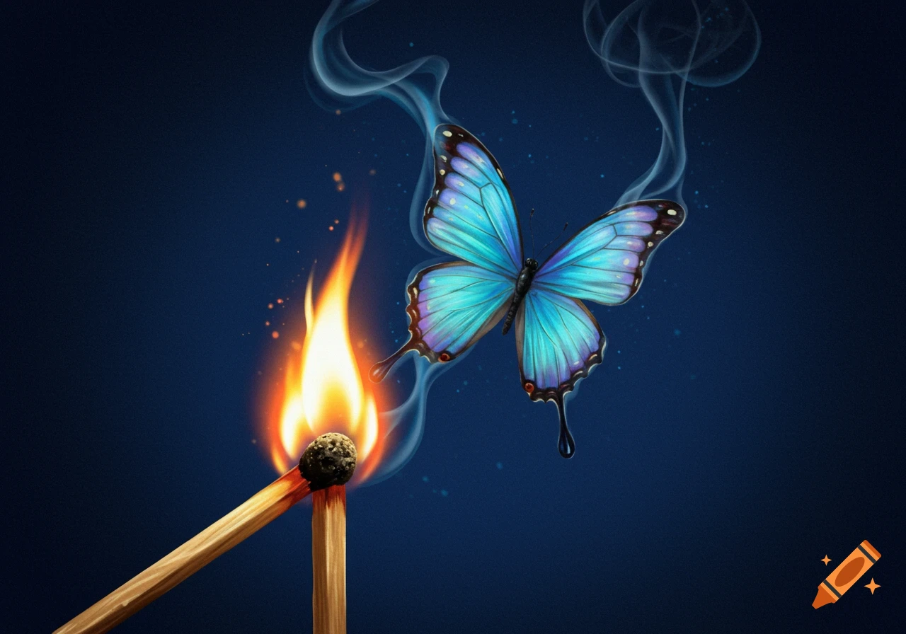 A lit match with smoke transforming into a vibrant blue butterfly against a dark blue background, in an illustrative style.