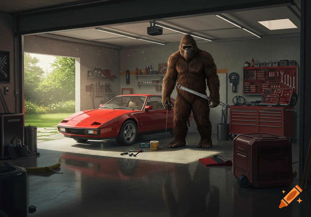 A photorealistic image of Bigfoot standing in a home garage next to a red sports car, holding a large wrench. Tools are on shelves and in toolboxes around him.