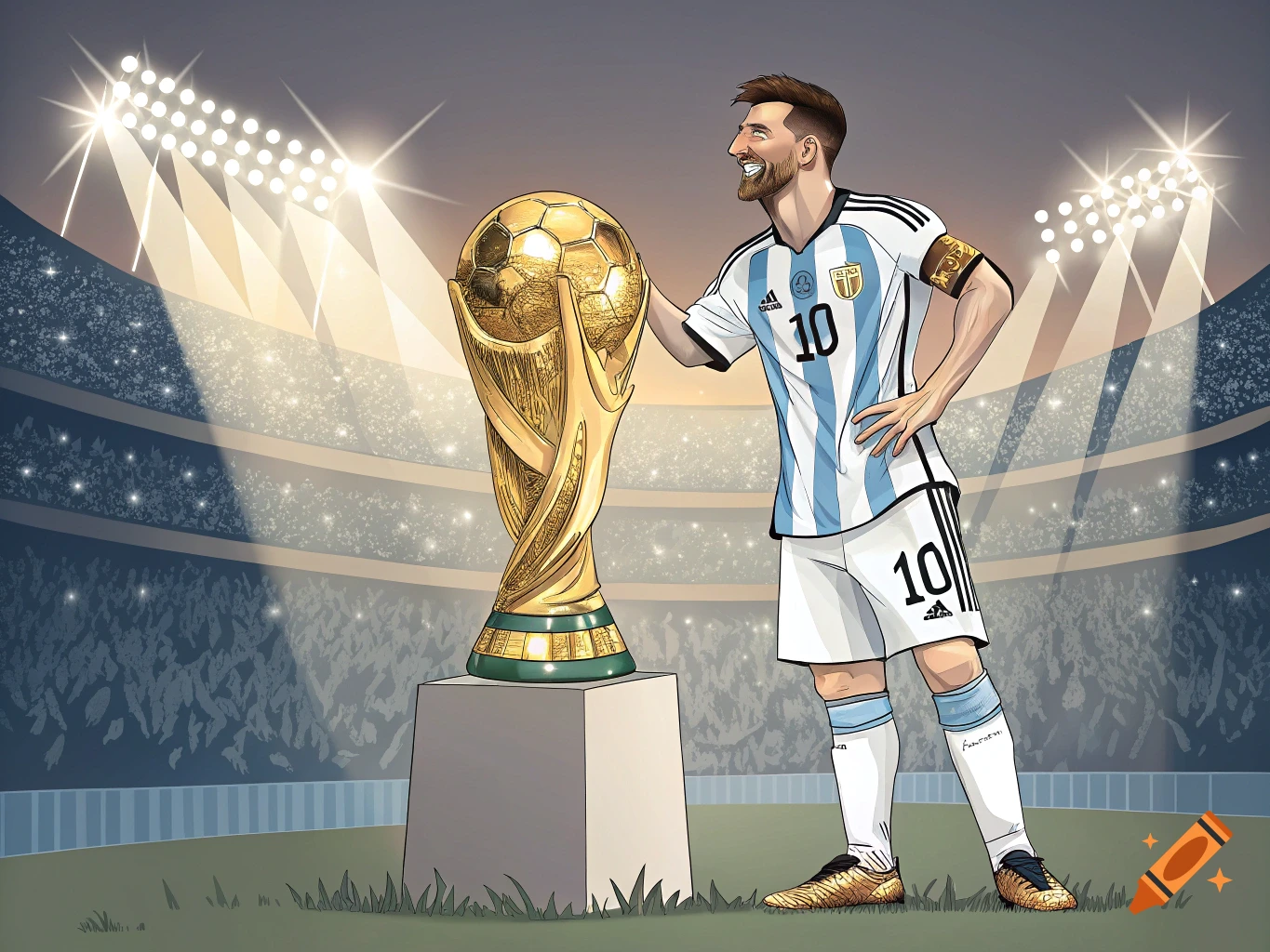 Cartoon illustration of Lionel Messi in an Argentina jersey standing next to the golden World Cup trophy in a brightly lit stadium.