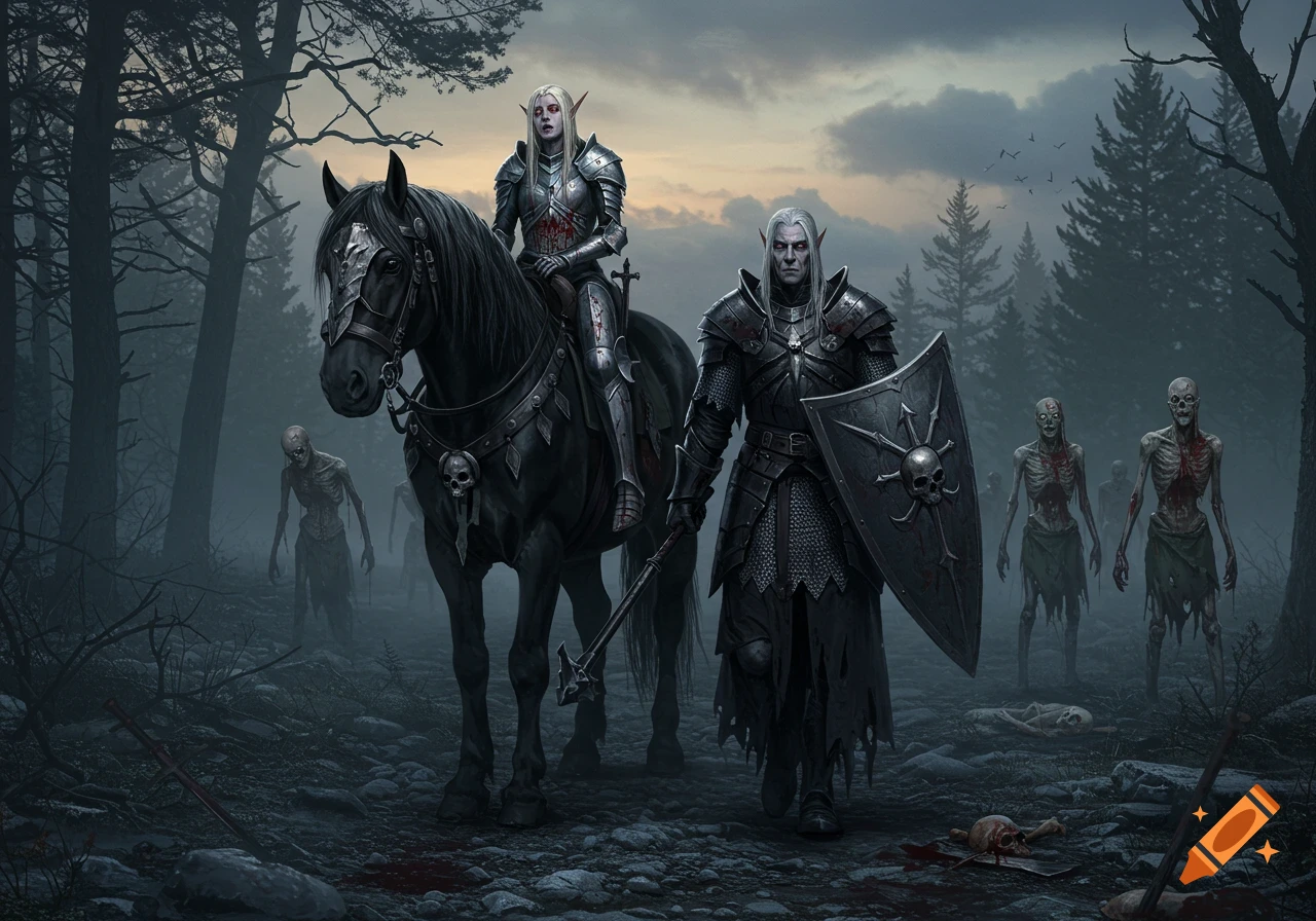 A grim, photorealistic scene of an elven war priest leading a horse with a comatose elven commander and undead soldiers in a misty forest.