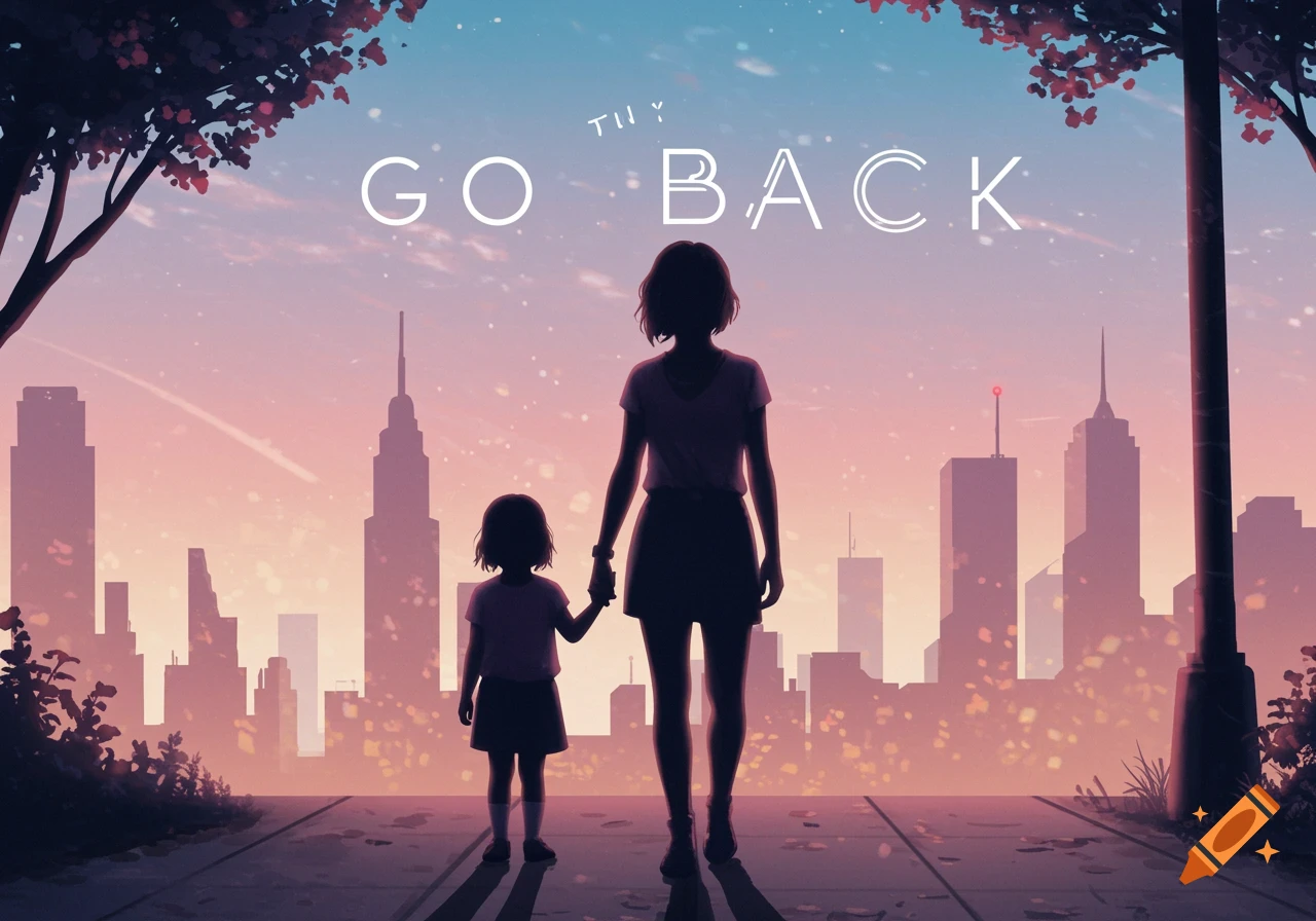 Silhouette of a mother and child holding hands, walking away on a city sidewalk at sunset with "GO BACK" text above, in a pastel anime style.