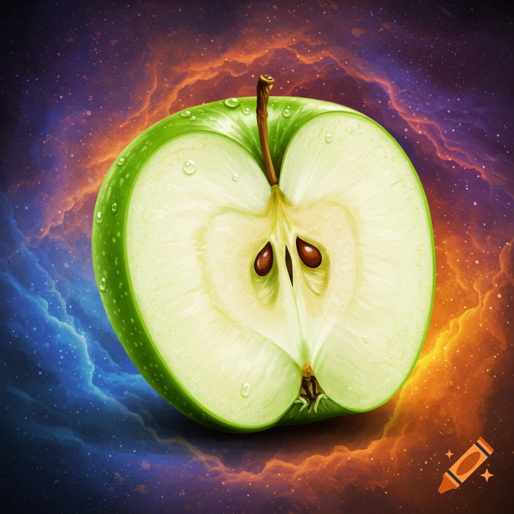 A green apple cut in half, revealing its core, against a vibrant blue and orange cosmic background.