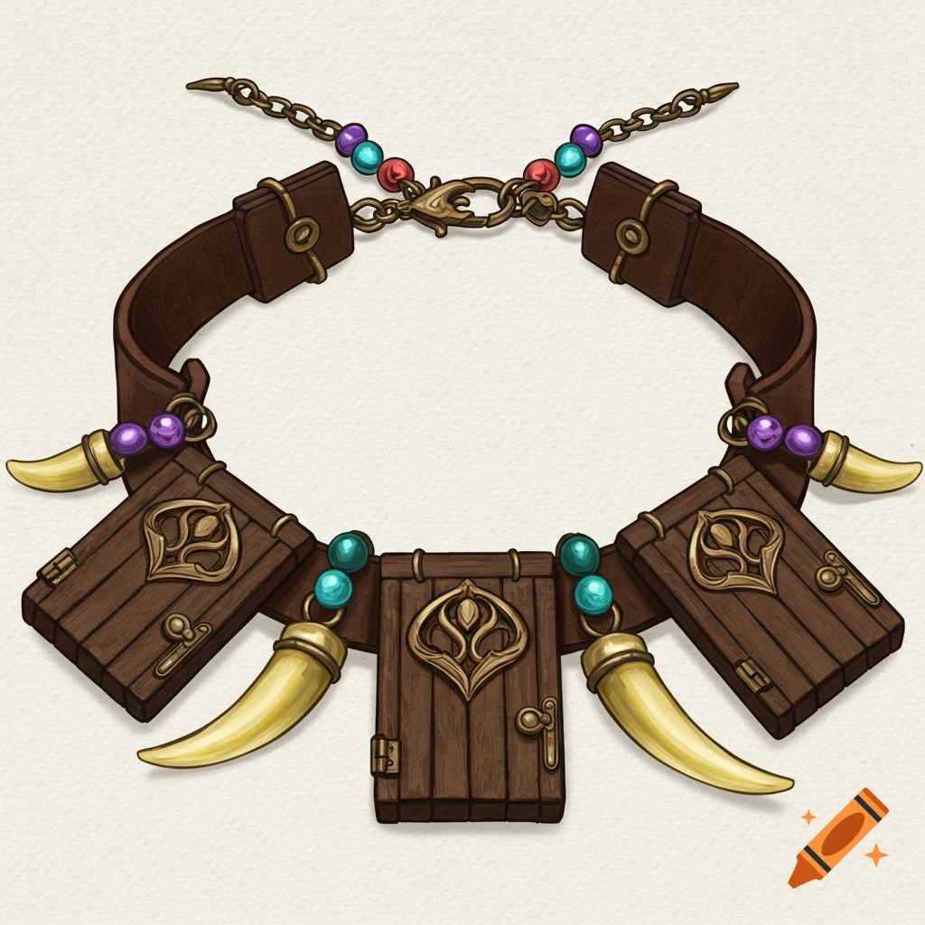 A detailed illustration of a leather necklace with wooden door charms, fangs, and colorful beads.