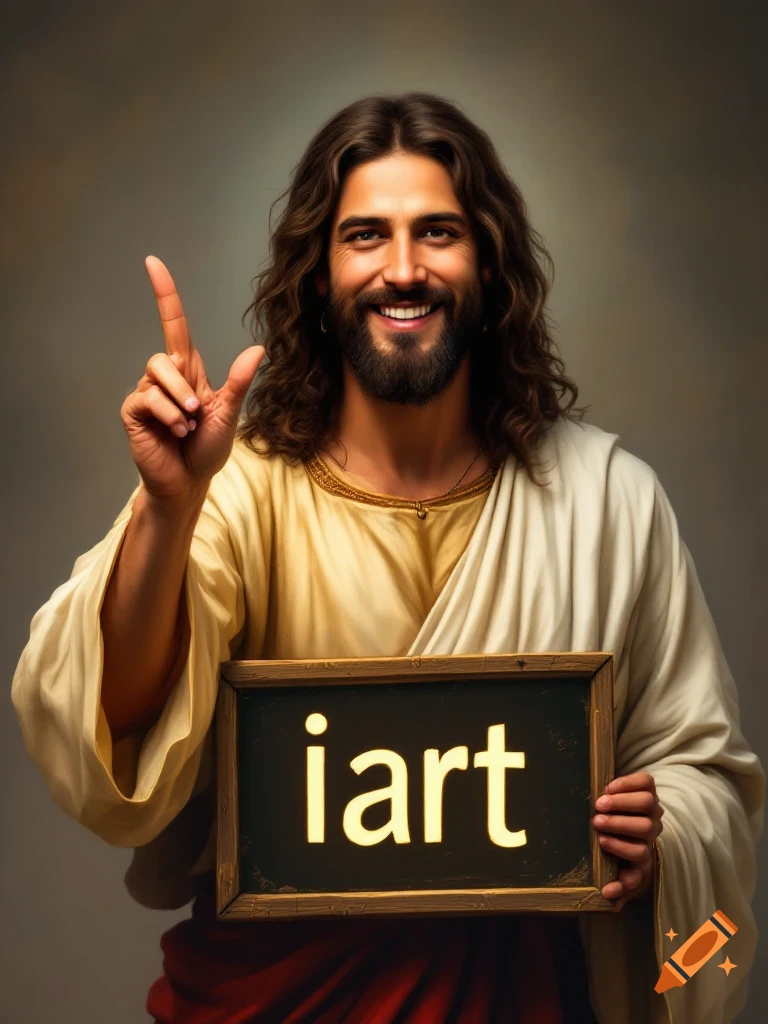 Photorealistic portrait of Jesus Christ smiling and pointing up with one hand, while holding a blackboard sign that reads 'iart' with the other.
