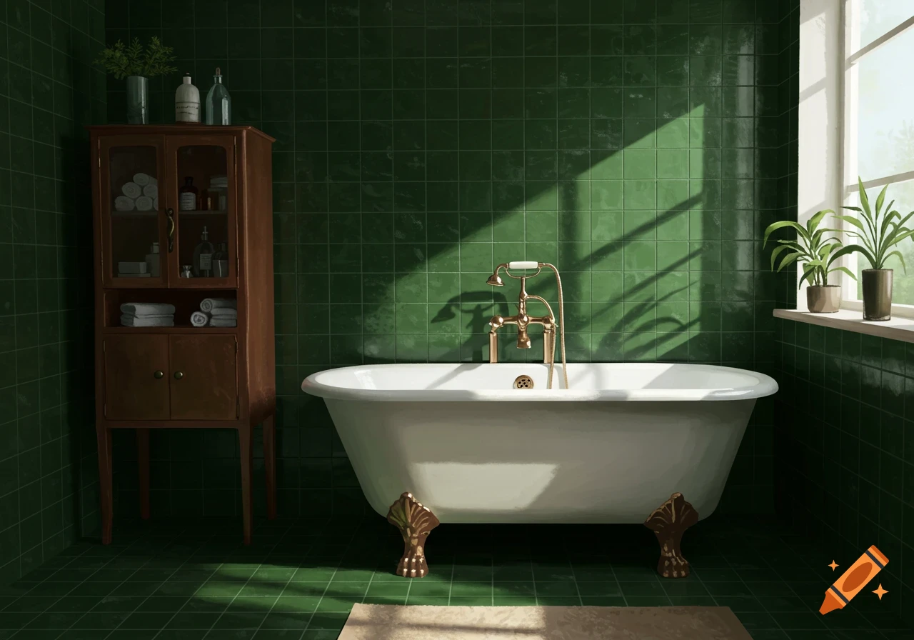 A sunlit bathroom with dark green tiled walls and floor, featuring a white clawfoot bathtub with brass fixtures and a wooden storage cabinet.