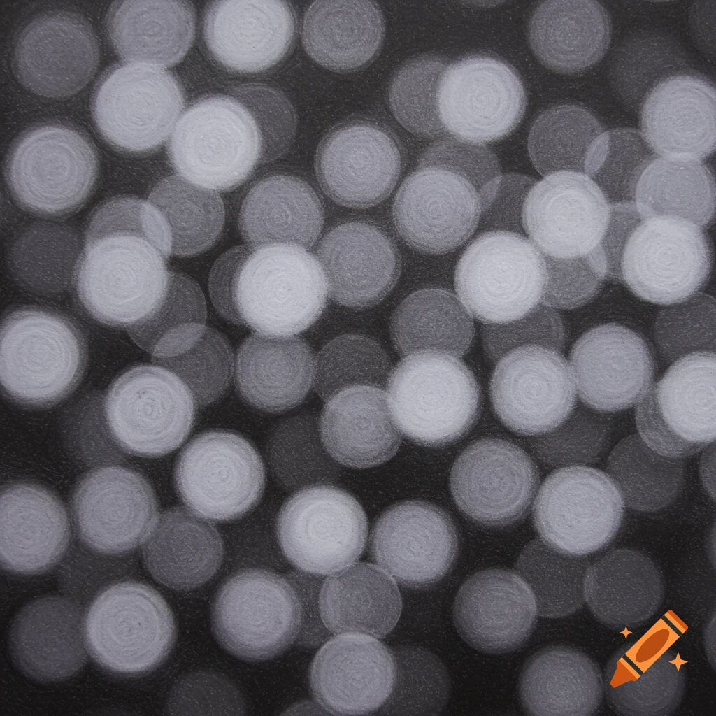 A black and white image of soft, out-of-focus circles resembling bokeh lights, scattered across a dark background.