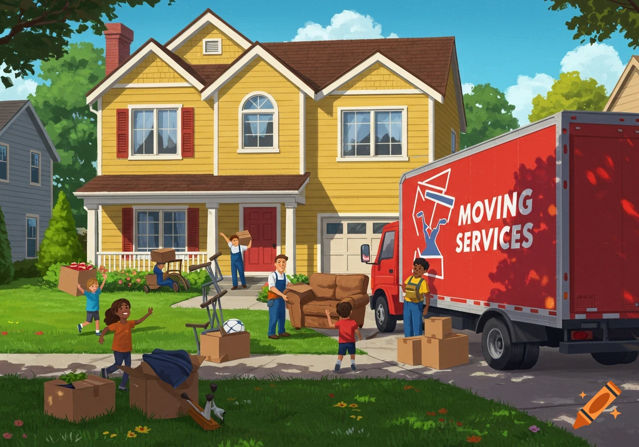 A family moves into a yellow house, unloading a red moving truck labeled 'MOVING SERVICES' with boxes on the lawn, in an illustrated style.