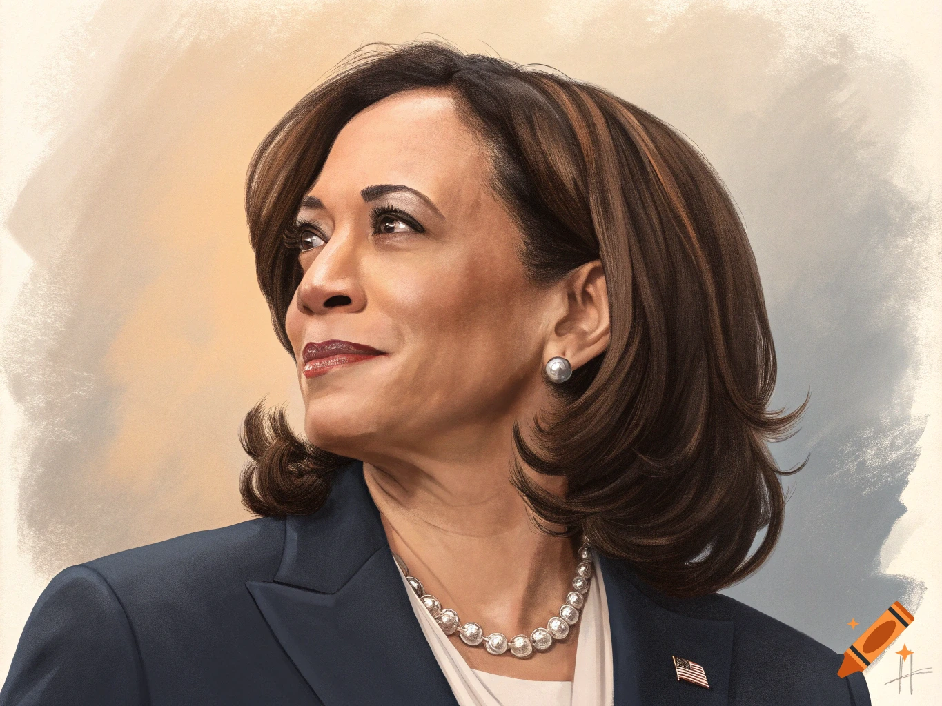 Realistic painting of Kamala Harris, head and shoulders, looking to the side, wearing a dark suit and pearl necklace.