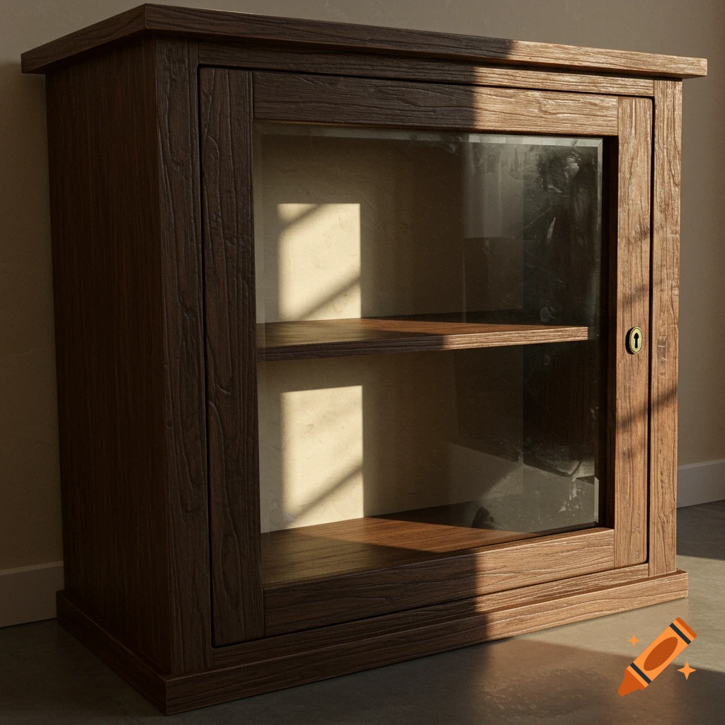Photorealistic image of a dark brown wooden cabinet with a glass door, light shining on the wall behind it.