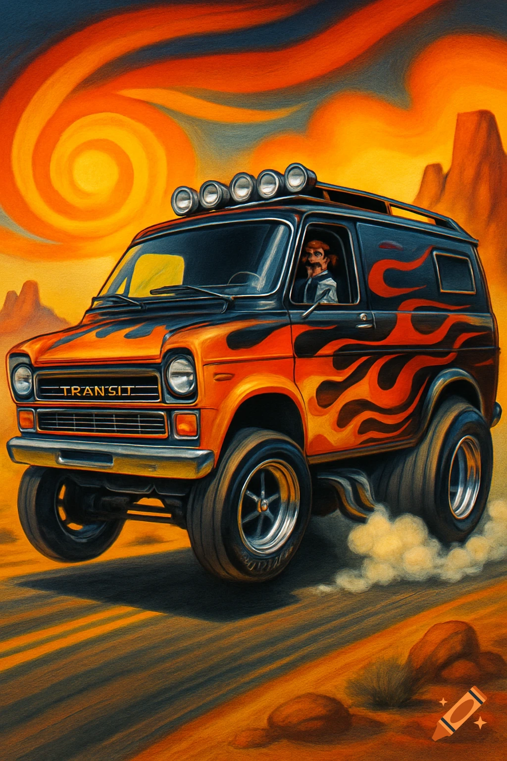 A stylized 70s hot rod van with flames on its sides drives through a desert landscape under a fiery orange sky.